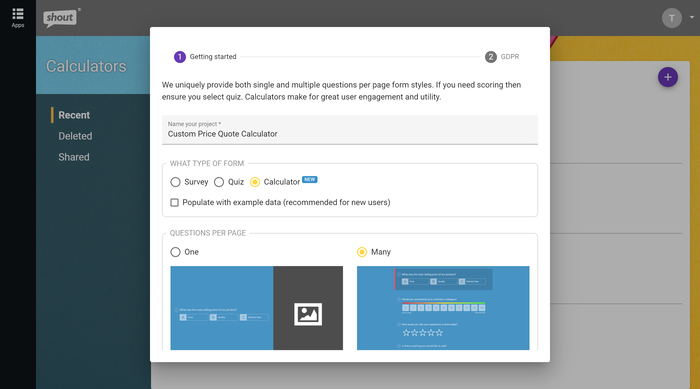 Select Calculator Project Type To Create a Custom Price Quote Calculator